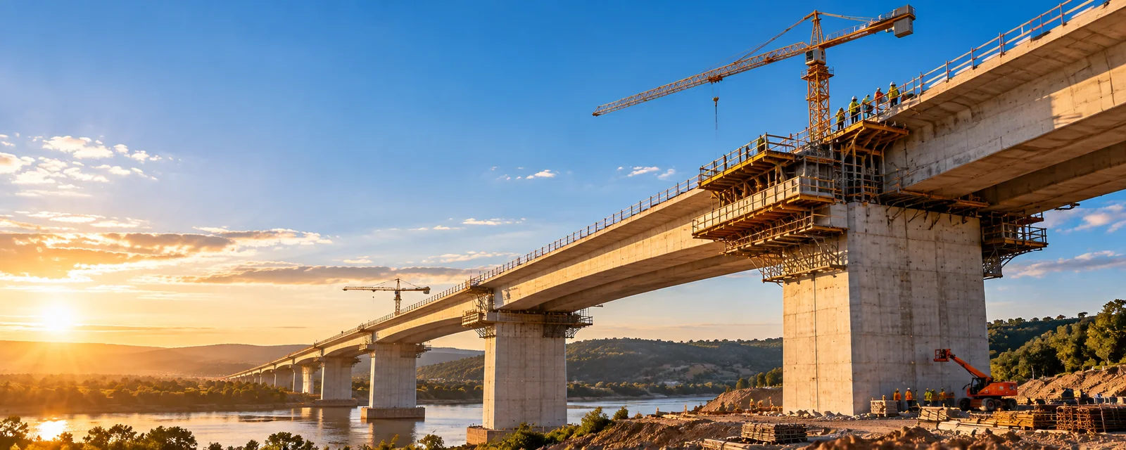 Concrete bridge under construction with cranes